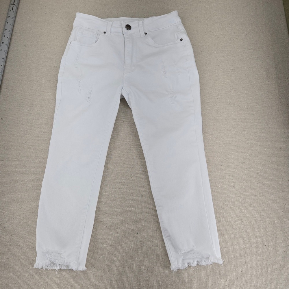 Roswear White Ripped Capri Jeans Size Small Distressed Cropped Skinny Frayed Hem